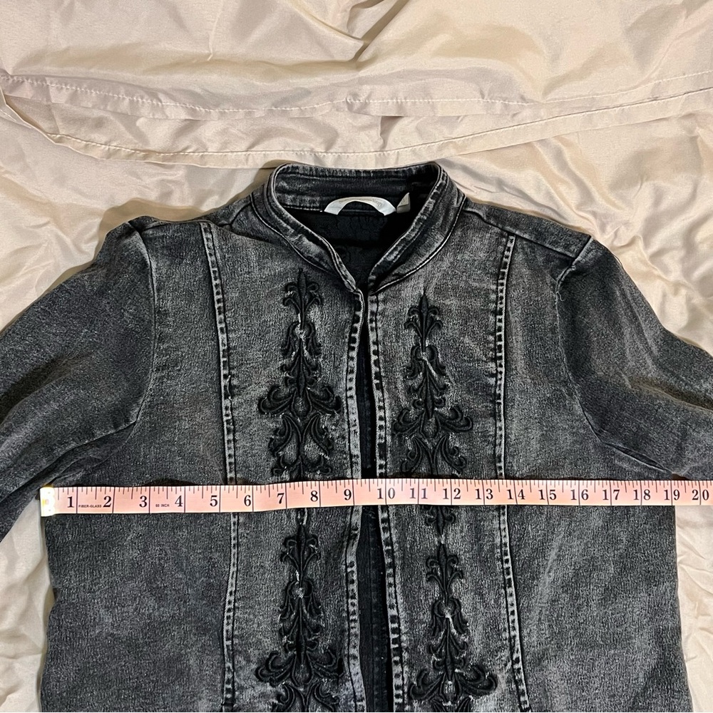 Soft Surroundings Charcoal Embroidered Tunic Military Denim Jacket Black Washed - Picture 13 of 16